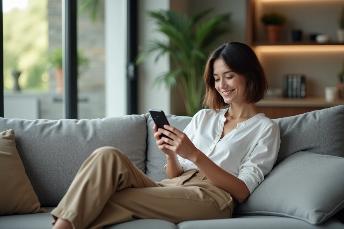 Femme assise sur un canapé utilisant son smartphone dans un salon élégant