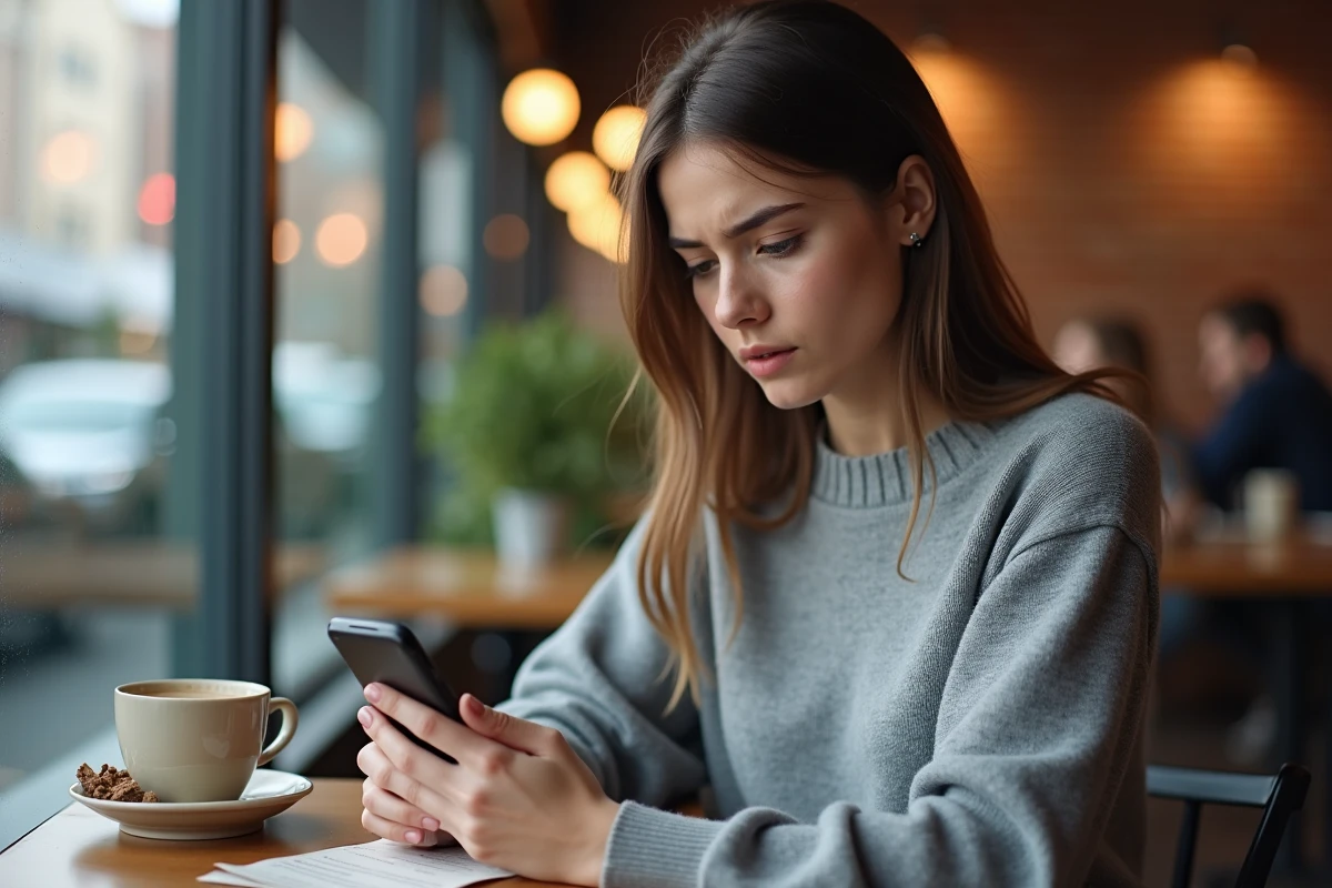 Jeune femme contactant le service client d'une société de transfert international pour un colis non livré dans un café