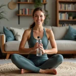 Femme sportive assise chez elle avec bouteille d'eau