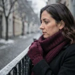 Femme portant des gants en laine tricotée bordeaux dans une rue enneigée en hiver