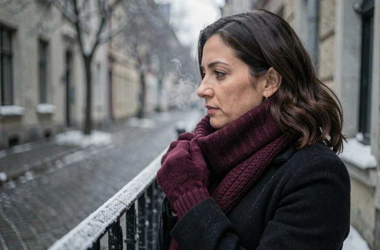 Femme portant des gants en laine tricotée bordeaux dans une rue enneigée en hiver