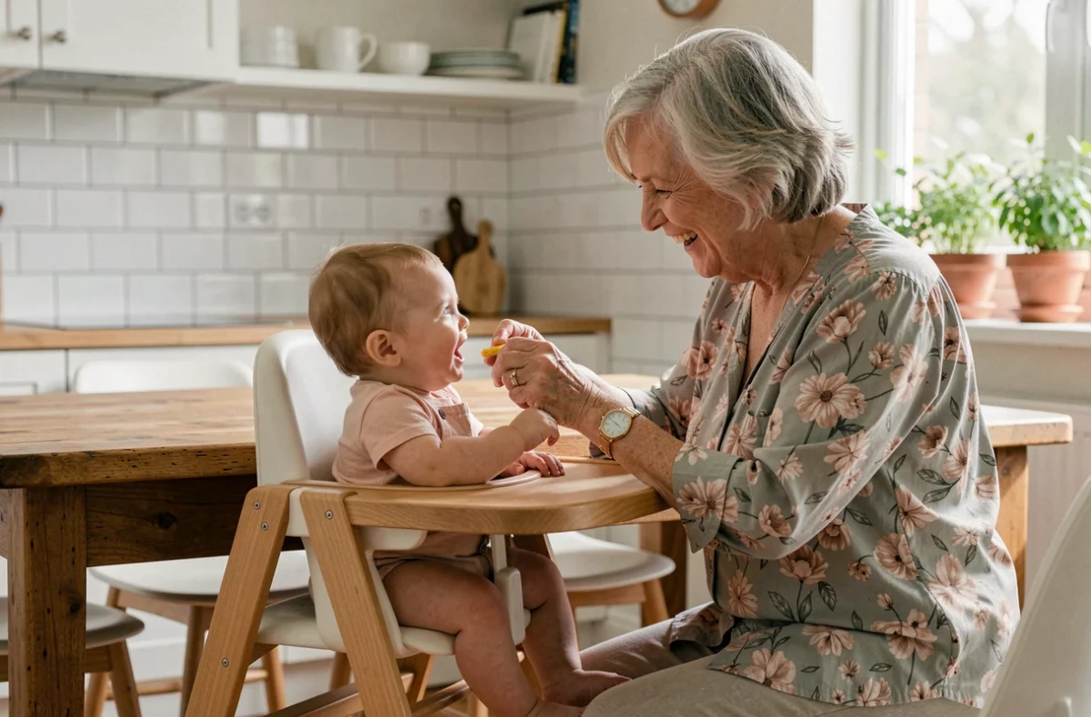 Grand-mère donnant la becquée à son petit-enfant assis dans une chaise haute en bois dans une cuisine familiale