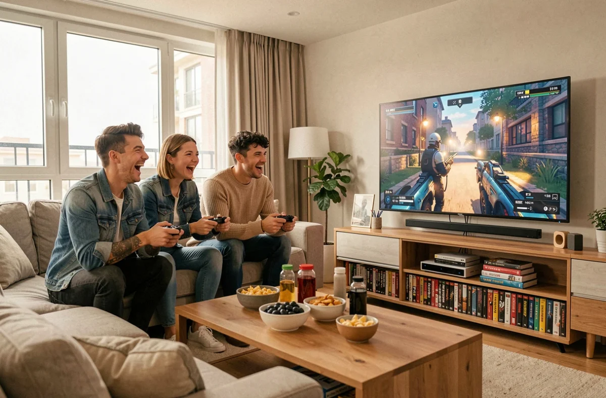 Groupe de jeunes adultes jouant ensemble en multijoueur sur console dans un salon moderne, tenant des manettes et réagissant avec enthousiasme devant un grand écran
