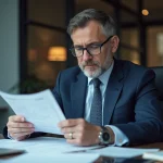 Homme d'affaires en costume bleu lisant des rapports financiers