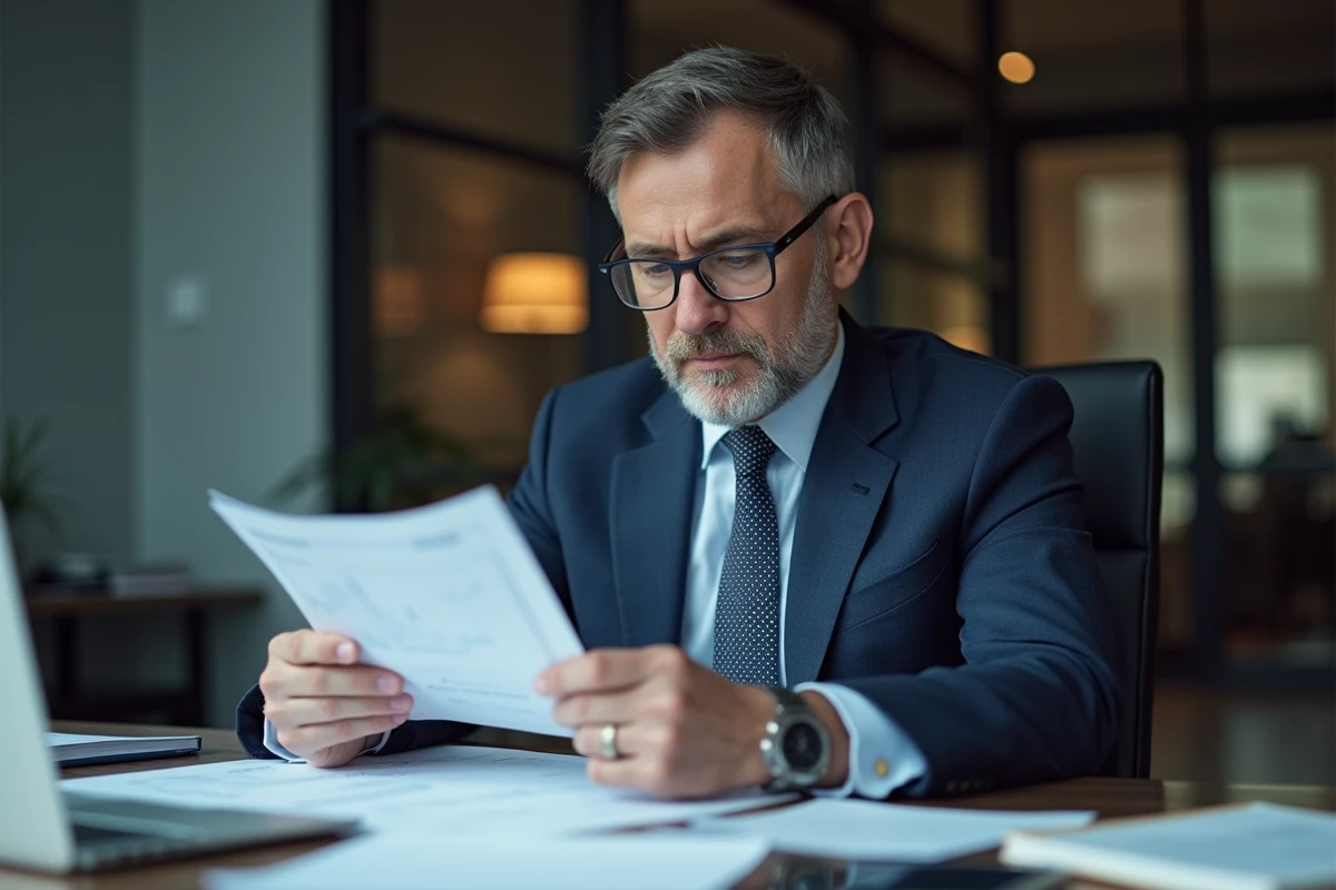 Homme d'affaires en costume bleu lisant des rapports financiers