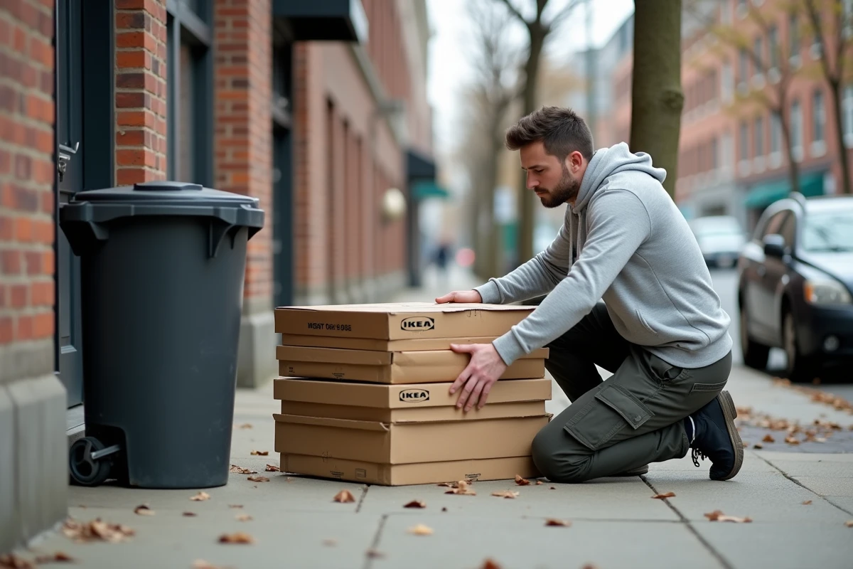 Homme aplatissant des cartons Ikea devant un immeuble pour les déposer au recyclage après un déménagement