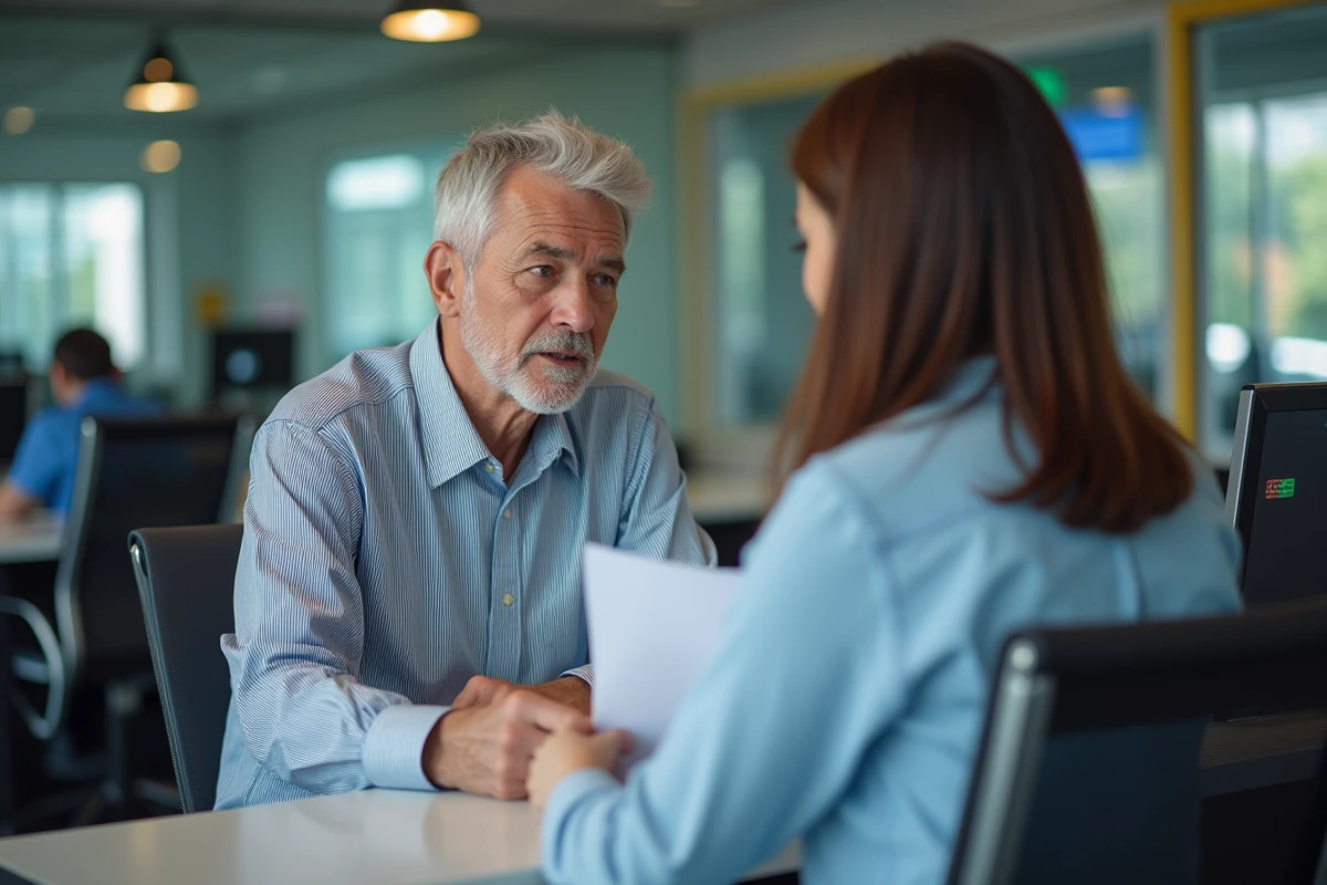 Homme d age au comptoir bancaire examinant des documents