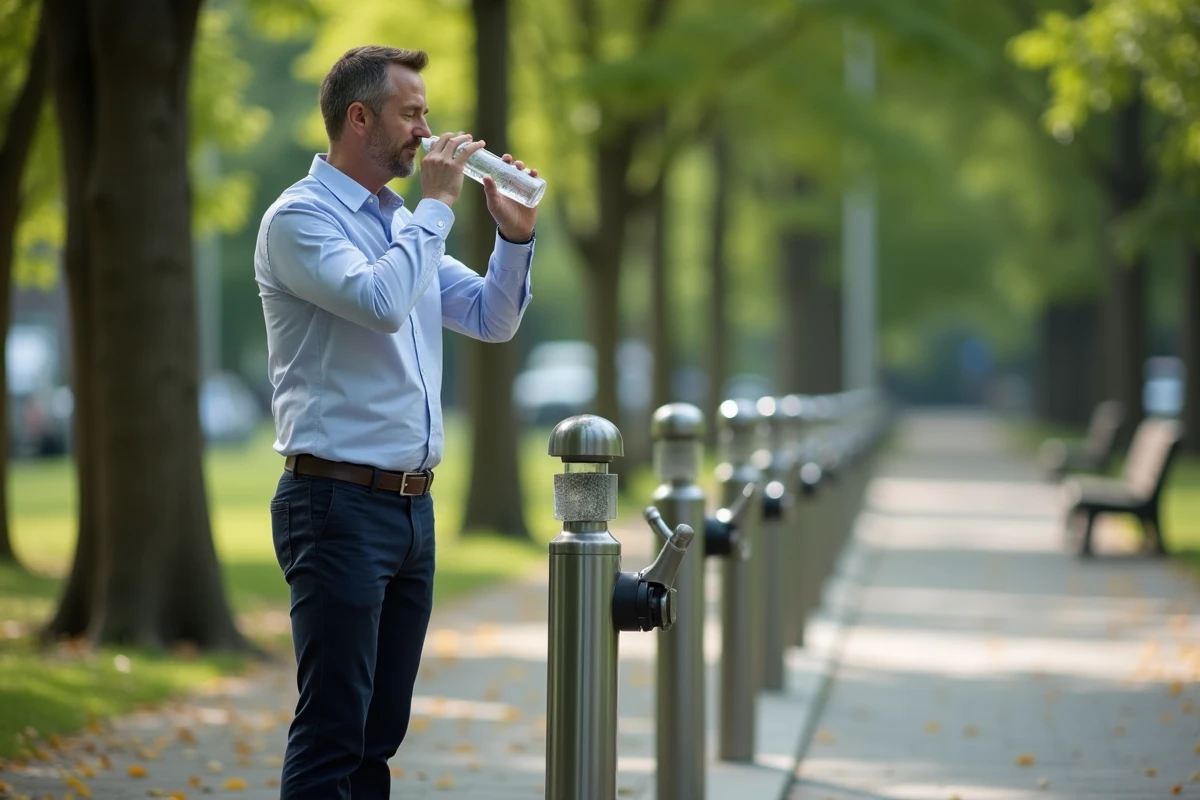 Homme buvant dans une fontaine d