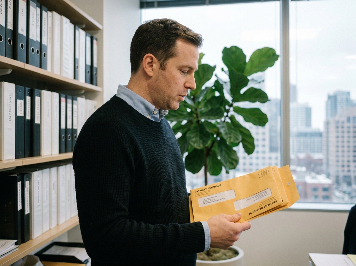 Homme d age moyen en bureau tient des enveloppes de rappel