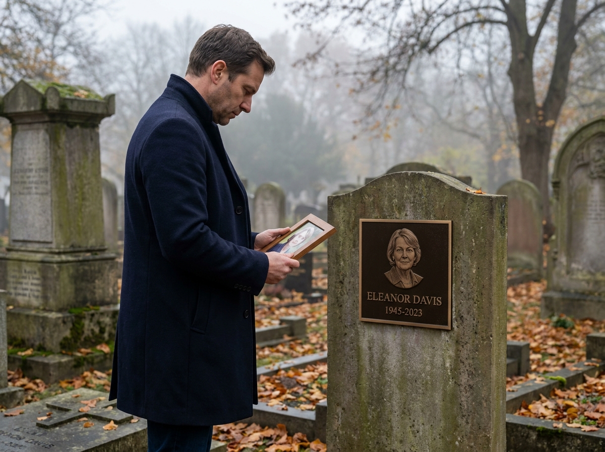 Homme en cimetière comparant une photo souvenir à un portrait gravé sur une plaque funéraire personnalisée