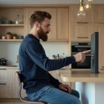 Homme détendu utilisant un panneau tactile dans une cuisine moderne