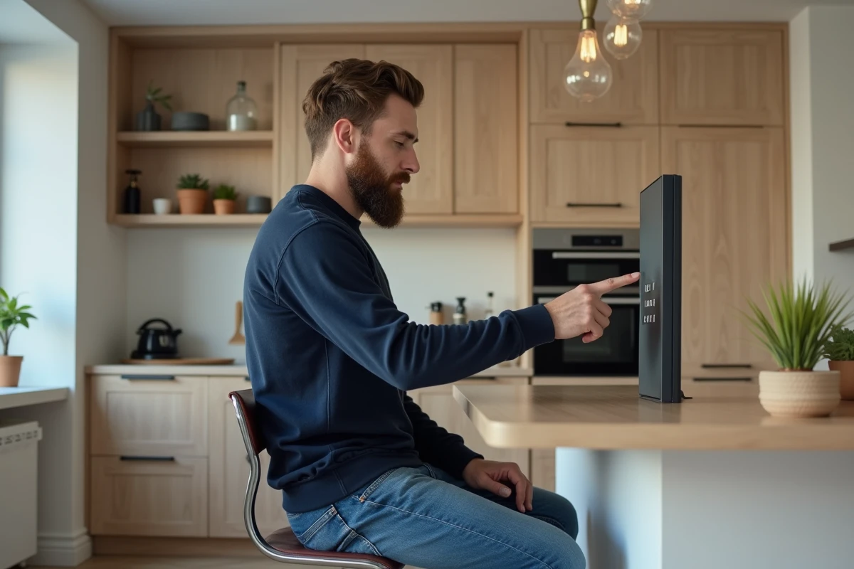 Homme détendu utilisant un panneau tactile dans une cuisine moderne