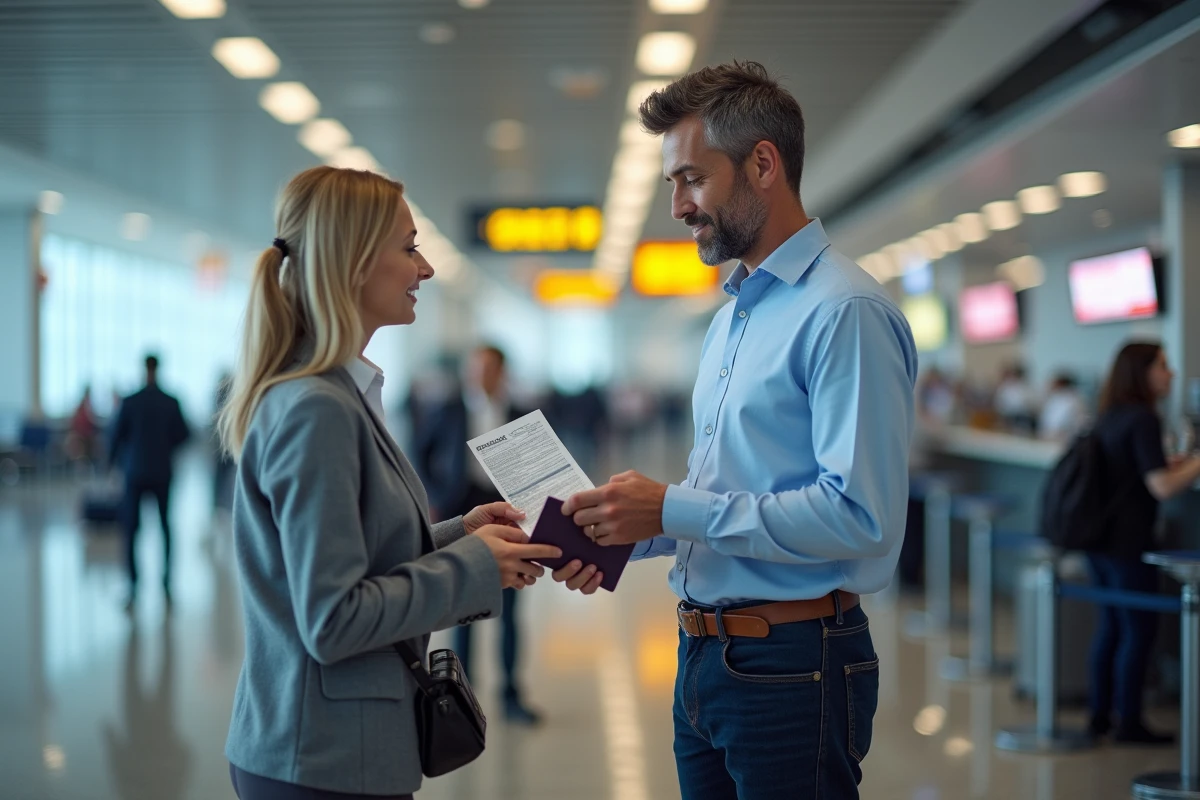Homme enregistrement aéroport avec passeport et billet