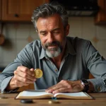 Homme examinant une monnaie d'or Napoleon avec une loupe