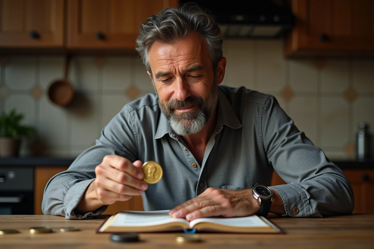 Homme examinant une monnaie d'or Napoleon avec une loupe