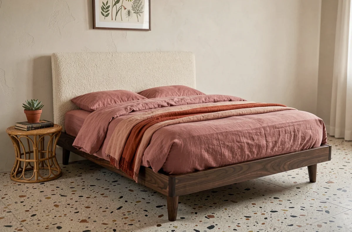 Chambre mid-century moderne avec tête de lit en bouclé ivoire, literie en lin terracotta et table de chevet en rotin sur sol terrazzo