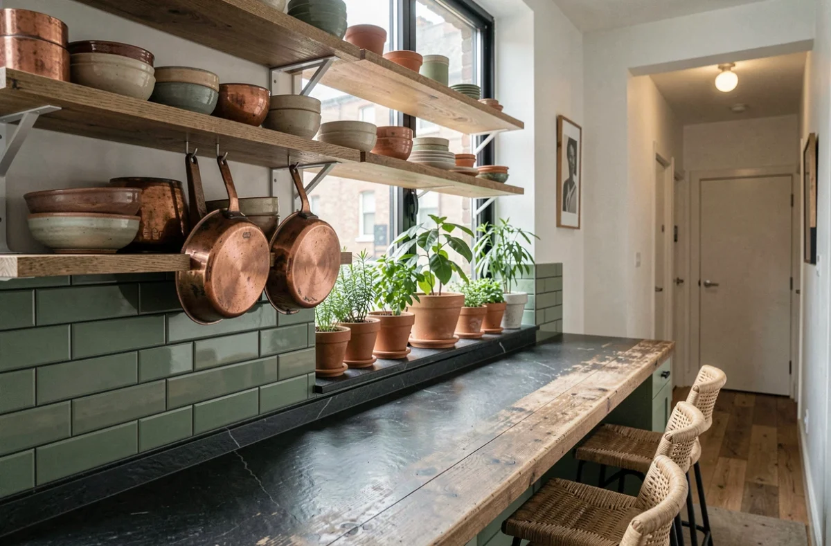 Cuisine urbaine contemporaine avec étagères en chêne, bols en céramique artisanale, pots en cuivre suspendus et herbes aromatiques en terre cuite