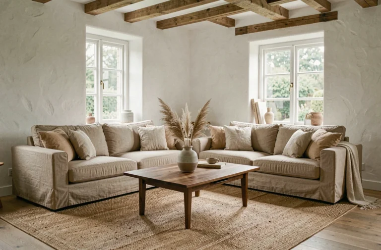 Salon scandinave décoré avec sobriété, canapé en lin beige, table basse en noyer et herbes de pampa séchées dans un vase céramique