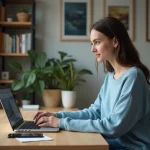 Jeune femme au bureau moderne avec ordinateur portable