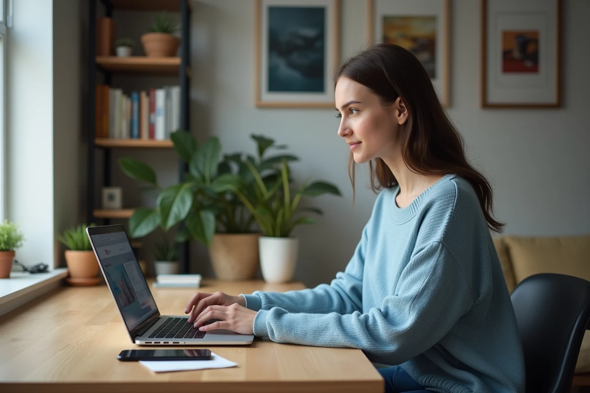 Jeune femme au bureau moderne avec ordinateur portable