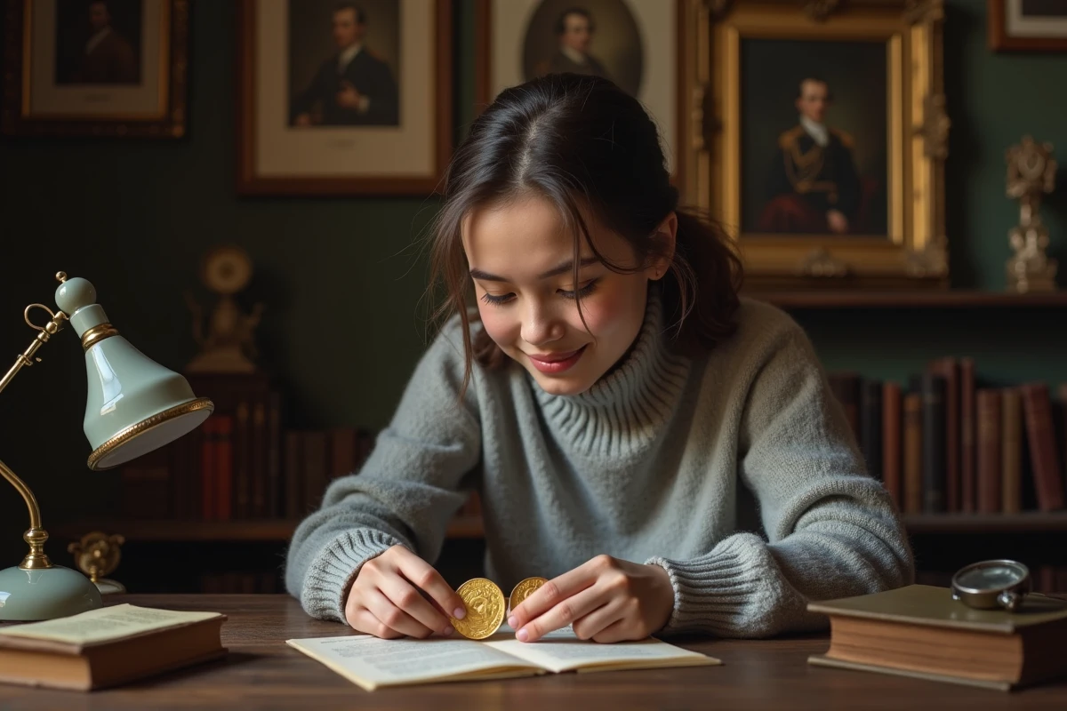 Jeune femme comparant deux monnaies Napoleon dans un bureau ancien