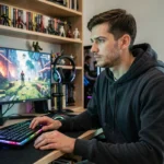 Jeune gamer masculin concentré devant un setup gaming moderne avec double écran et périphériques RGB dans une chambre décorée de figurines et jeux vidéo