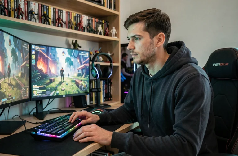 Jeune gamer masculin concentré devant un setup gaming moderne avec double écran et périphériques RGB dans une chambre décorée de figurines et jeux vidéo