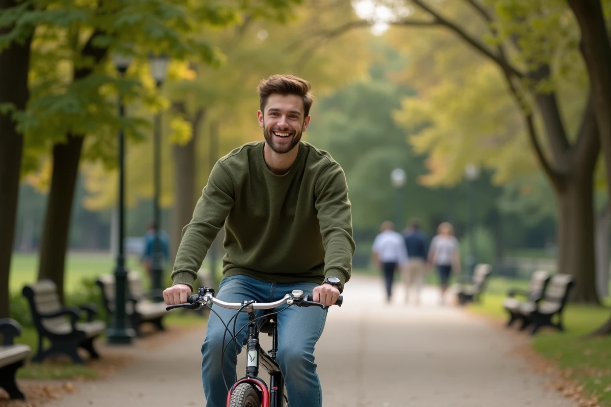 Jeune homme en vélo dans un parc urbain verdoyant