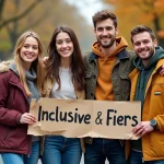 Groupe de jeunes adultes LGBTQIA+ tenant une banderole inclusive dans un parc urbain en automne lors d'un rassemblement communautaire