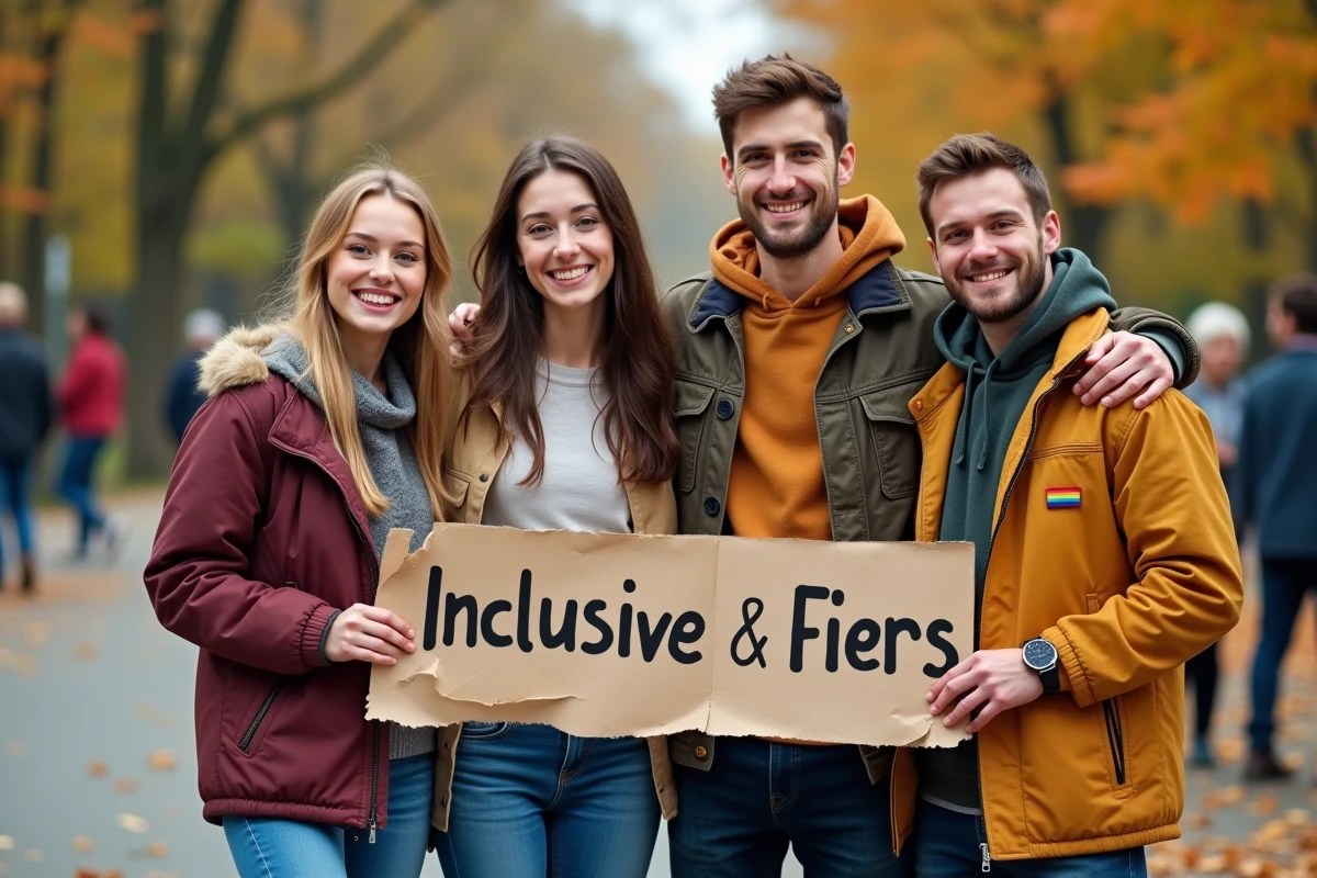Groupe de jeunes adultes LGBTQIA+ tenant une banderole inclusive dans un parc urbain en automne lors d'un rassemblement communautaire