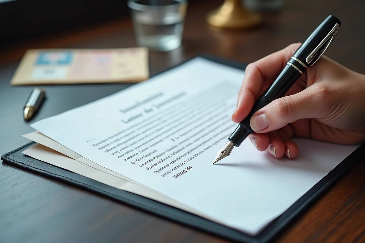 Main tenant un stylo au-dessus d'une lettre de résiliation d'assurance vie sur un bureau en bois