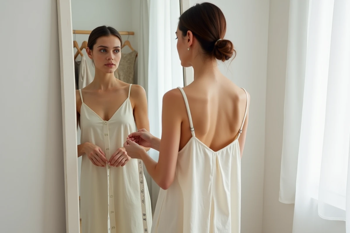 Femme mesurant la longueur d'une robe devant un miroir en pied dans un appartement minimaliste
