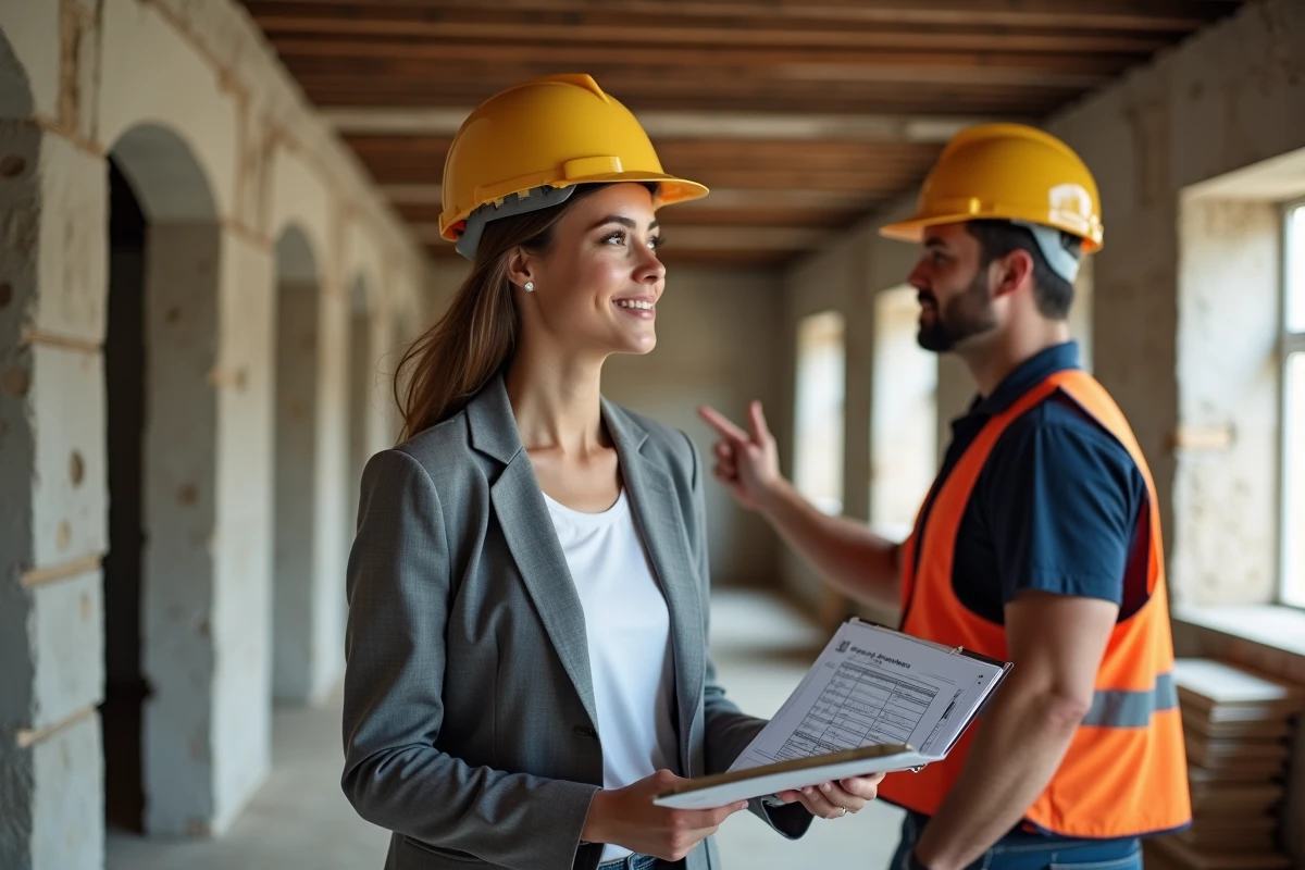 Maître d'œuvre féminine sur chantier de rénovation discutant des coûts et honoraires avec un artisan