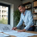 Maître d'œuvre analysant les plans et honoraires d'un projet de rénovation dans un bureau d'architecture moderne