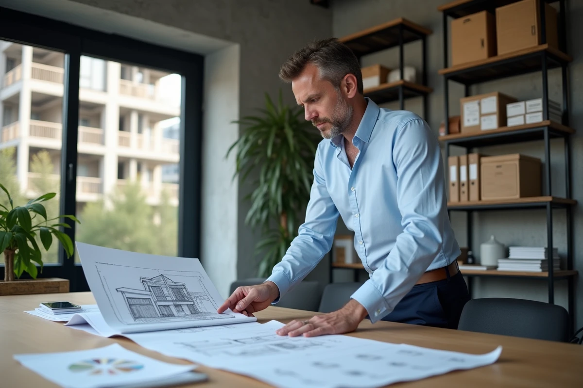 Maître d'œuvre analysant les plans et honoraires d'un projet de rénovation dans un bureau d'architecture moderne