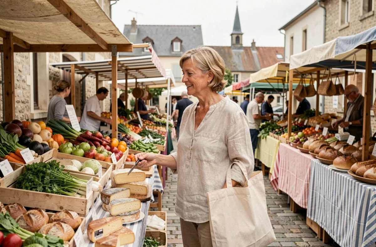 Femme faisant ses courses au marché local du Val Bréon, marché de producteurs avec légumes frais et fromages régionaux