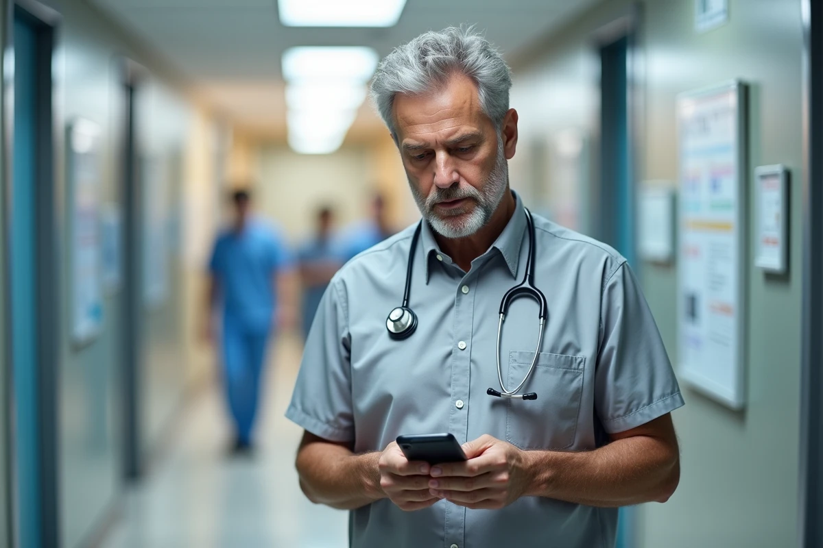 Médecin généraliste consultant un outil de messagerie sécurisée sur smartphone dans un couloir de clinique