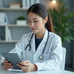 Médecin utilisant une tablette et un smartphone pour des outils de communication professionnels en santé