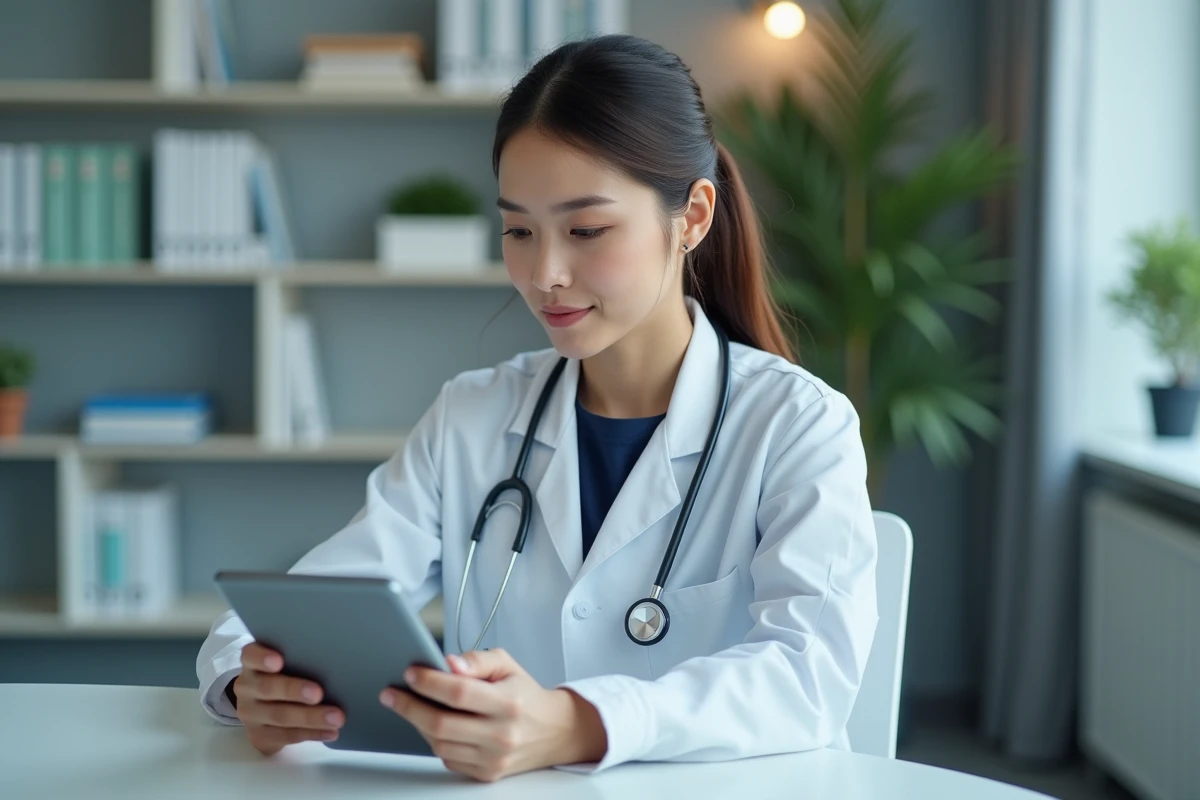 Médecin utilisant une tablette et un smartphone pour des outils de communication professionnels en santé