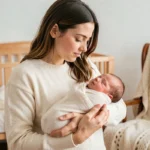 Jeune mère tenant tendrement son nouveau-né emmailloté dans une mousseline douce dans une chambre de bébé cosy