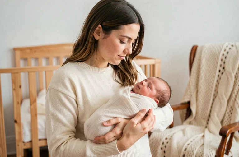 Jeune mère tenant tendrement son nouveau-né emmailloté dans une mousseline douce dans une chambre de bébé cosy