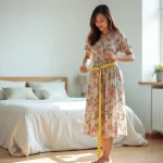 Femme mesurant la longueur d'une robe fleurie avec un mètre ruban jaune dans une chambre scandinave