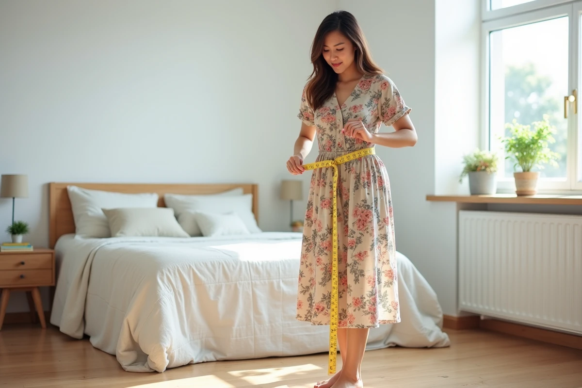 Femme mesurant la longueur d'une robe fleurie avec un mètre ruban jaune dans une chambre scandinave