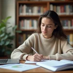 Jeune femme consultant des guides d'orientation professionnelle dans une bibliothèque universitaire