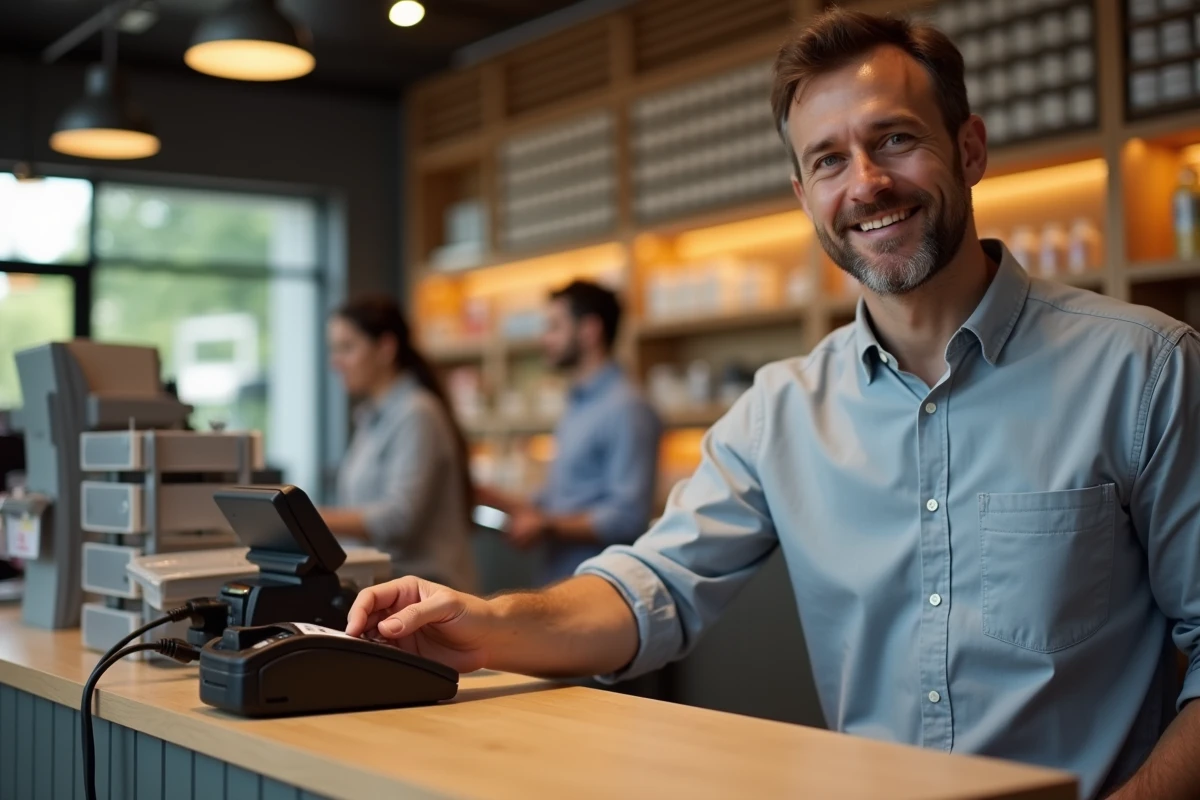 Homme utilisant sa carte Crédit Agricole MCD AS Dual pour un paiement sans contact en magasin