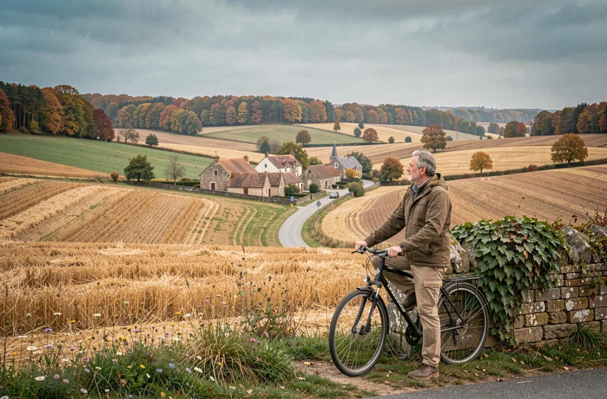 Paysage rural du Val Bréon en automne avec champs agricoles, fermes briards et cycliste sur route de campagne