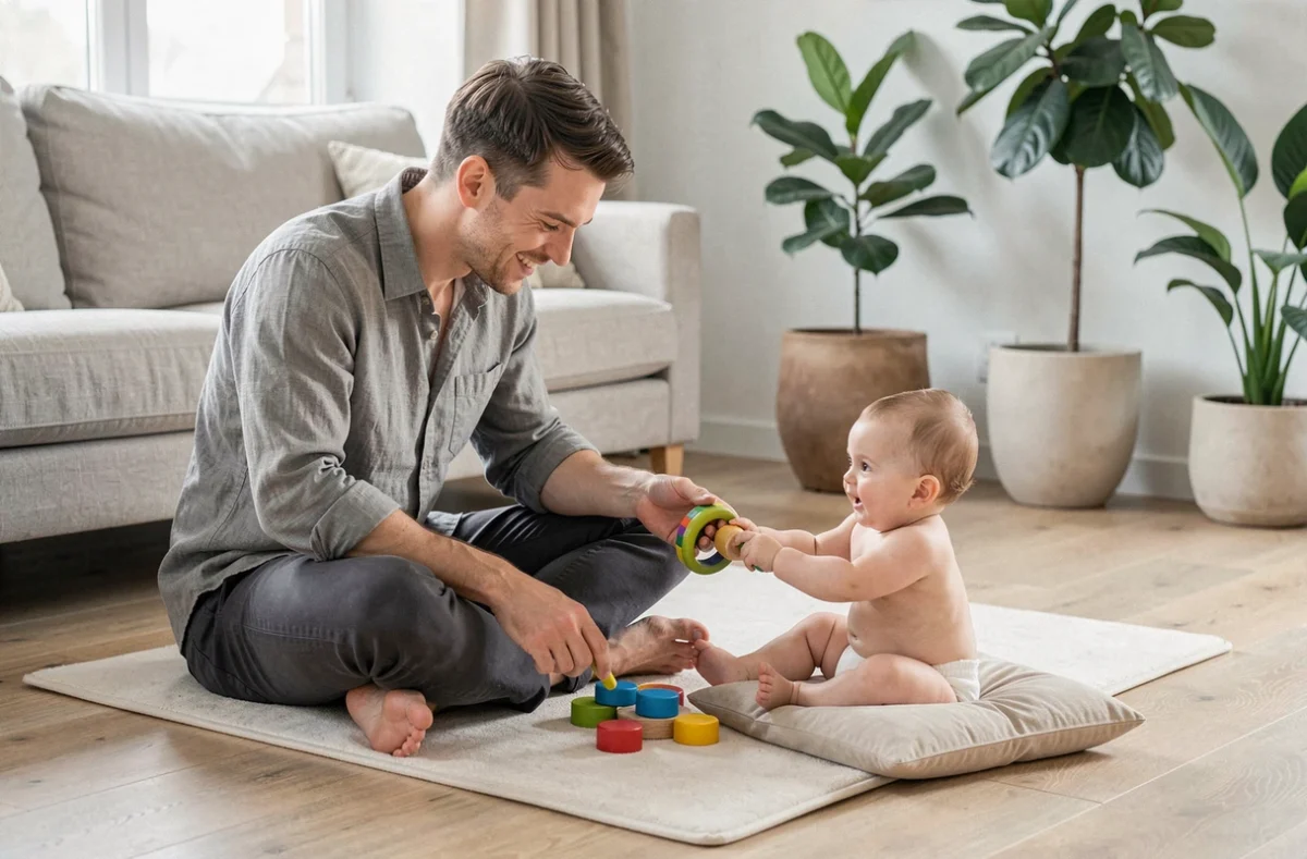 Père jouant avec son bébé de six mois sur un tapis d'éveil dans un salon au style scandinave