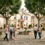 Place de village typique du territoire Val Bréon avec mairie en pierre, habitants et ambiance de vie locale authentique