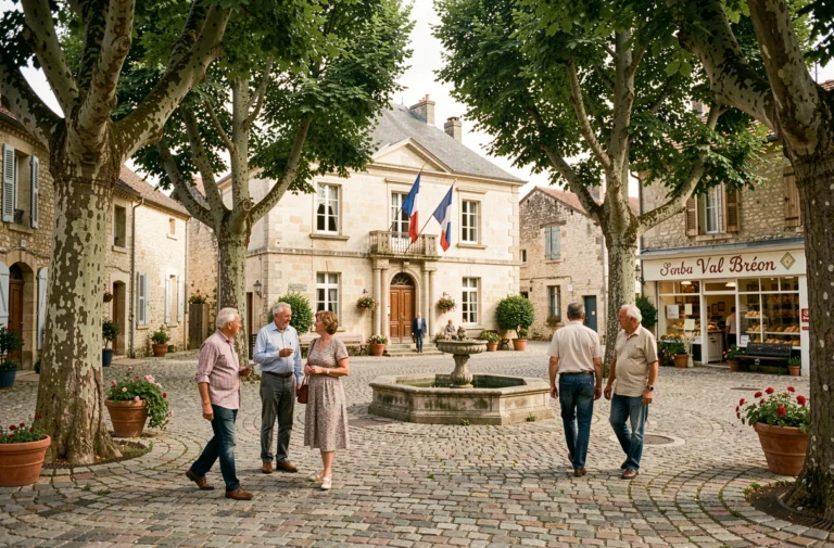Place de village typique du territoire Val Bréon avec mairie en pierre, habitants et ambiance de vie locale authentique