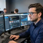 Professionnel IT masculin analysant des tableaux de bord de sécurité réseau sur plusieurs écrans dans un bureau moderne
